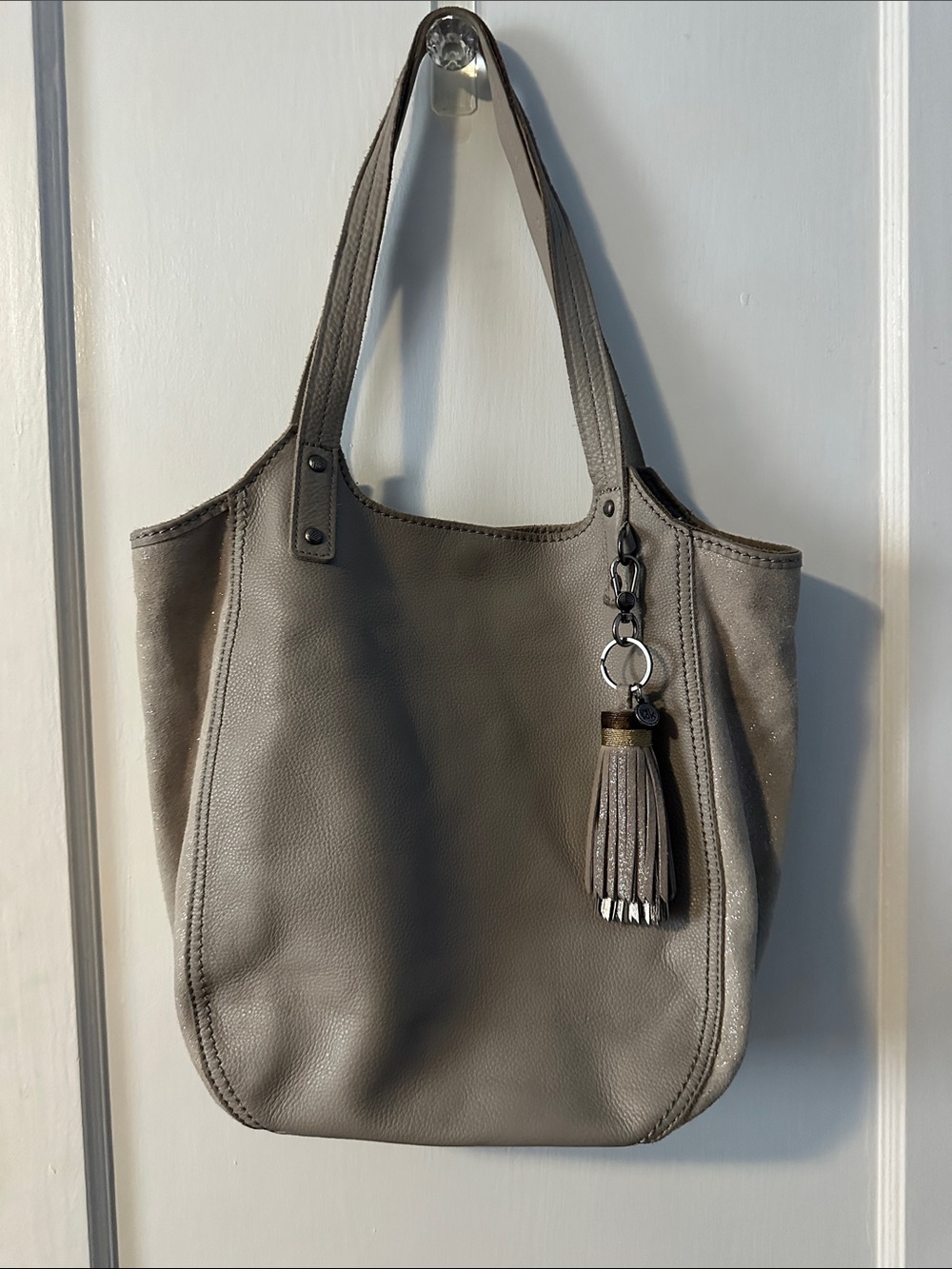 The Sak Happy and Free Taupe Leather Tote Handbag with Tassel